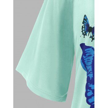 Plus Size Skew Neck Butterfly Print Cinched Tee and Lace Tank Top Twinset