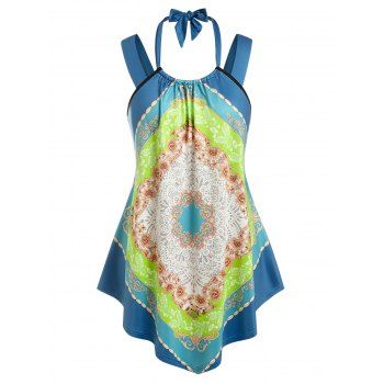 

Plus Size Scarf Print Irregular Tank Top, Blue