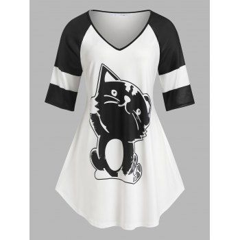 

Plus Size Raglan Sleeve Cat Print Tee, White