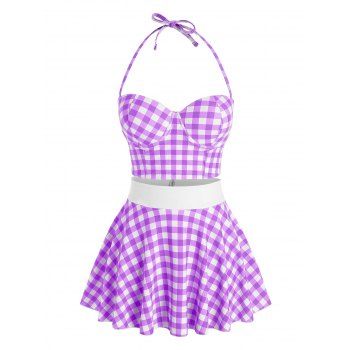 

Plus Size Halter Gingham Underwire Tankini Swimwear, Purple
