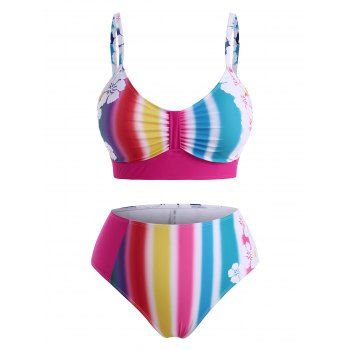 

Plus Size Rainbow Stripe Flower High Rise Bikini Swimwear, Multicolor