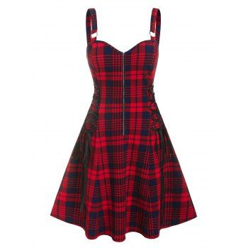 

Plus Size Lace Up Plaid Zippered Dress, Red