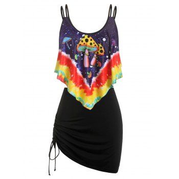 

Plus Size Mushroom Print Overlay Cinched Three Piece Tankini Swimwear, Black