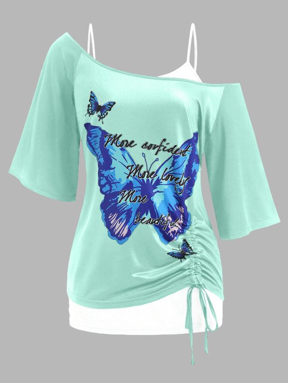 T-shirt à Imprimé Papillon de Grande Taille à Col Oblique et de Débardeur en Dentelle Deux Pièces - Vert clair 4X
