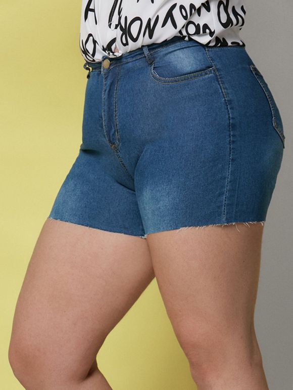 Short à Ourlet Brut de Grande Taille en Denim avec Poches - Bleu 4XL