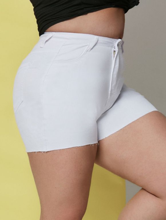 Short à Ourlet Brut de Grande Taille en Denim avec Poches - Blanc 3XL
