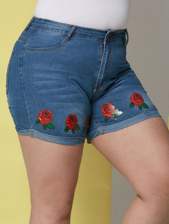 Short Fleuri de Grande Taille Ourlet à Revers en Denim - Bleu 2XL