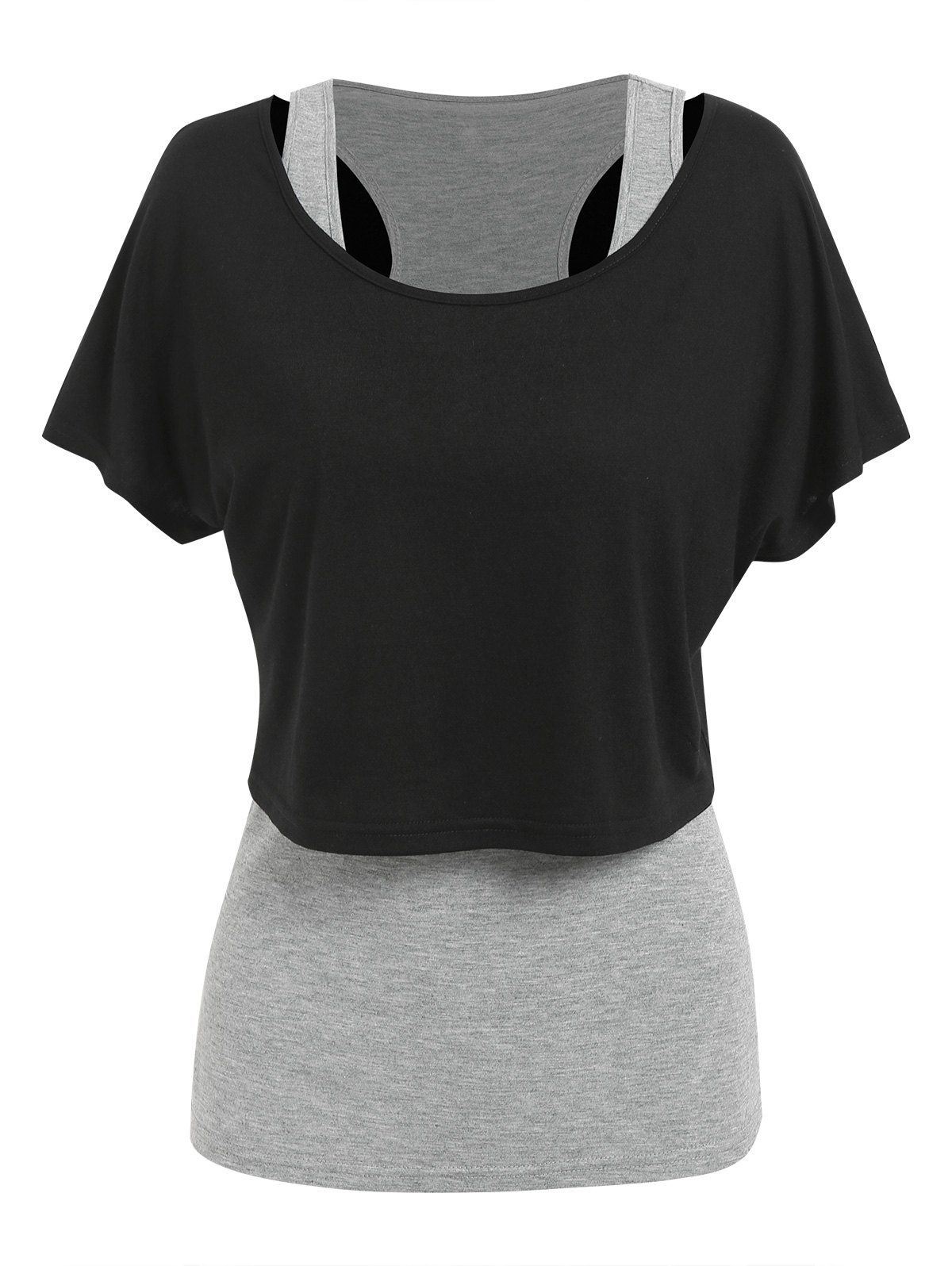 Sporty Cropped Plain Scoop Neck T Shirt and Heathered Tank Top Set - multicolor XXL
