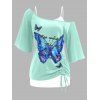 T-shirt à Imprimé Papillon de Grande Taille à Col Oblique et de Débardeur en Dentelle Deux Pièces - Vert clair 1X