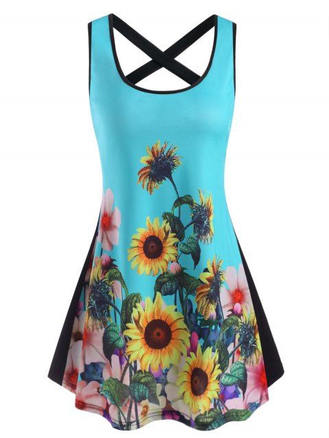 Vacation Dress Sunflower Print Tank Dress Contrast Colorblock Criss Cross Mini Dress