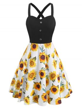 Sunflower Print Sundress Crossover Mock Button A Line Summer Dress