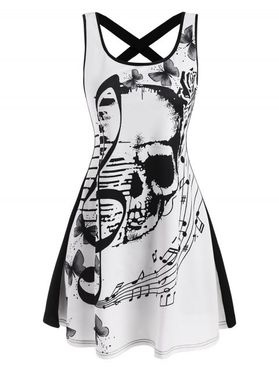 Skull Butterfly Musical Notes Print Criss Cross Skater Tank Dress