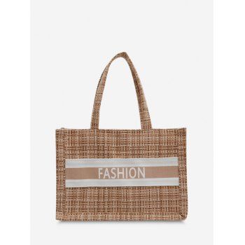 

Letter Print Plaid Canvas Tote Bag, Light khaki