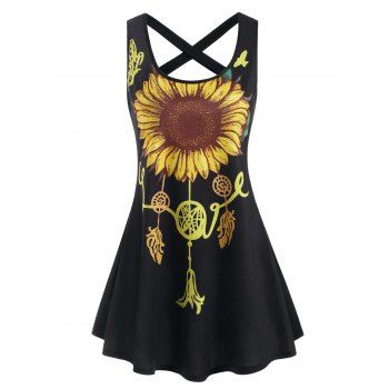 

Vacation Dress Sunflower Print Tank Dress Contrast Colorblock Criss Cross Mini Dress, Black