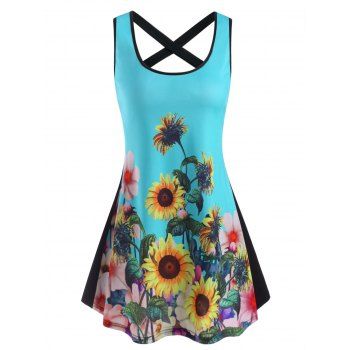 

Vacation Dress Sunflower Print Tank Dress Contrast Colorblock Criss Cross Mini Dress, Multicolor