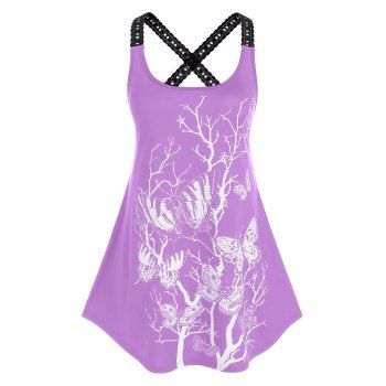 

Plus Size Crisscross Butterfly Branch Print Lace Crochet Tank Top, Light purple