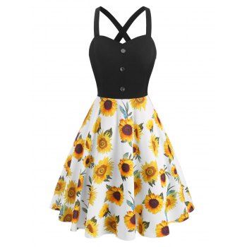 

Sunflower Print Sundress Crossover Mock Button A Line Summer Dress, Multicolor