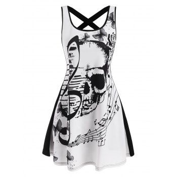 

Skull Butterfly Musical Notes Print Criss Cross Skater Tank Dress, White