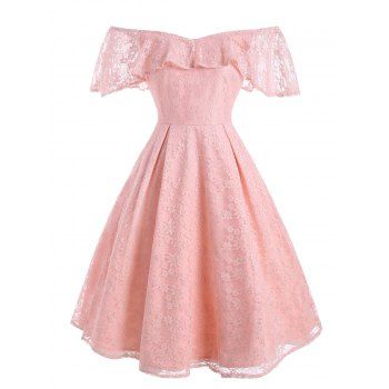 

Lace Flounce Overlay Off Shoulder Prom Dress, Light pink