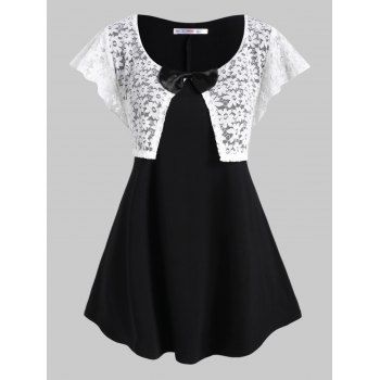 

Glittery Lace Panel Bowknot Plus Size Top, Black