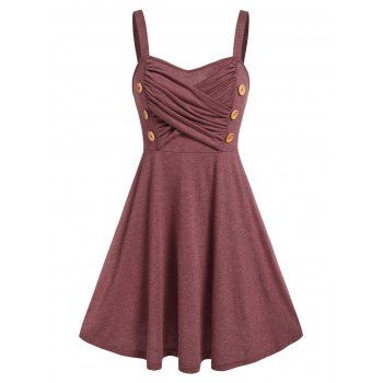 

Sleeveless Criss-cross Ruched Mock Button Dress, Deep red