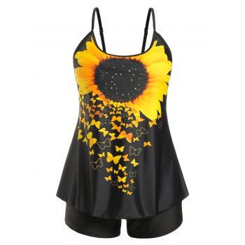 

Plus Size Sunflower Butterfly Print Tankini Swimwear, Black