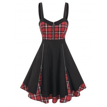 

Gothic Plaid Layered Zippered Dress, Black