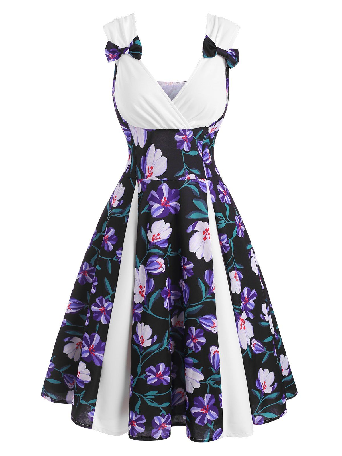 Floral Print Bowknot Godet Dress - multicolor S