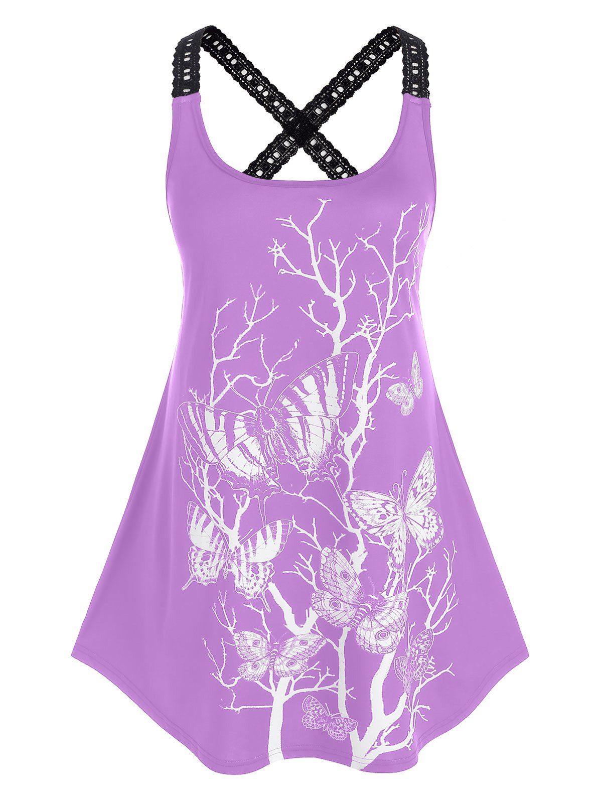 Plus Size Crisscross Butterfly Branch Print Lace Crochet Tank Top - LIGHT PURPLE 4X