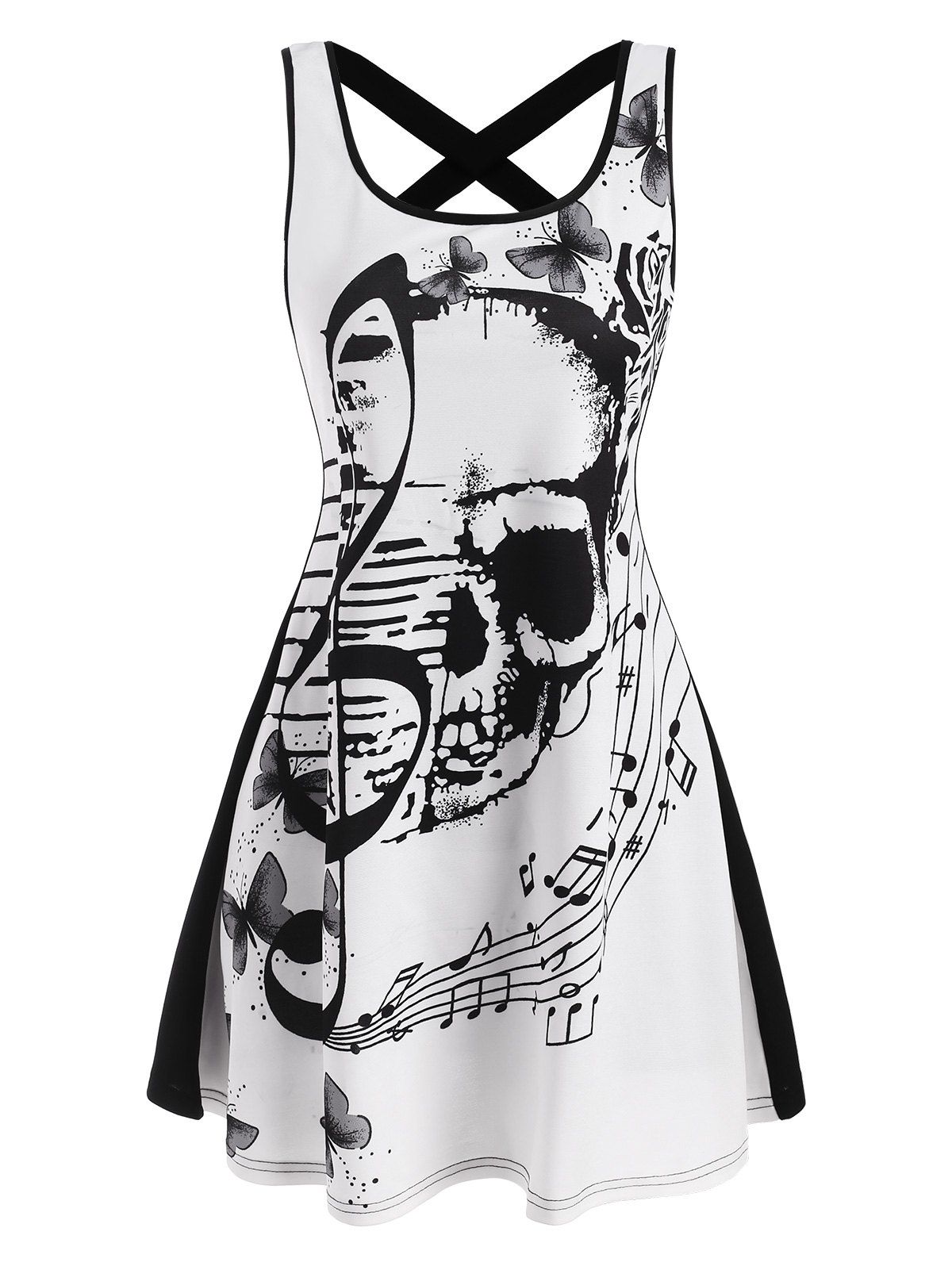 Skull Butterfly Musical Notes Print Criss Cross Skater Tank Dress - WHITE S