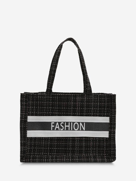 Sac Fourre-tout à Carreaux à Imprimé Lettre en Canevas - Noir 