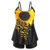 Maillot de Bain Tankini à Imprimé Tournesol et Papillon de Grande Taille - Noir 3X