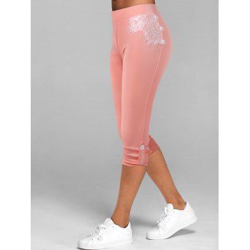 

Lace Insert Button Tab Capri Leggings, Light pink