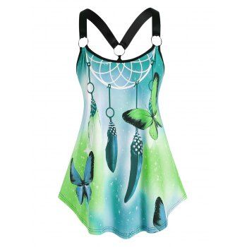 

Plus Size O Ring Dreamcatcher Butterfly Print Tank Top, Deep green