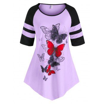 

Plus Size Butterfly Print Raglan Sleeve Long Tee, Light purple