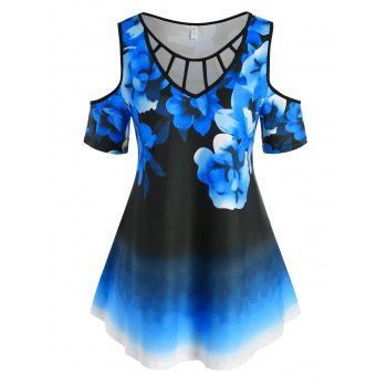 

Plus Size Cold Shoulder Cutout Floral Print Tee, Blue