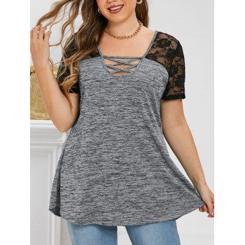 

Space Dye Lace Panel Lattice Plus Size Top, Light gray