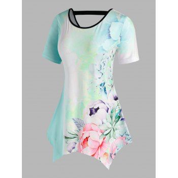 

Plus Size Printed Flower Cut Out Back T Shirt, Light green