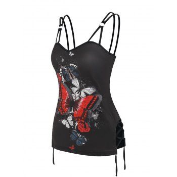 

Lace Up O Ring Butterfly Print Tank Top, Black