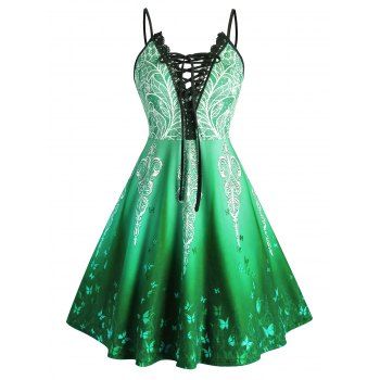 

Plus Size Lace-up Ombre Butterfly Print Cami Dress, Green