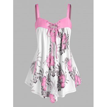 

Plus Size Lace Up Floral Print Swing Tank Top, Light pink