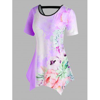 

Plus Size Printed Flower Cut Out Back T Shirt, Light purple