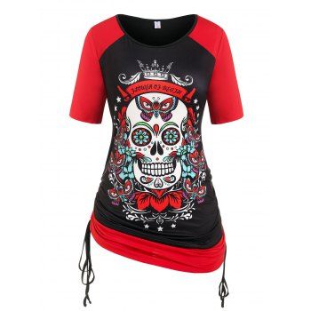 

Plus Size Gothic Cinched Skull Butterfly Print Tee, Black