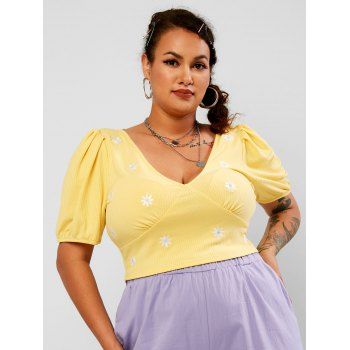 

Plus Size Floral Embroidered Ribbed Puff Sleeve Top, Light yellow