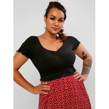 

Plus Size Ribbed Lettuce Trim Ruched Tee, Black