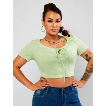 

Drawstring Tie Front Solid Plus Size Cropped Tee, Light green