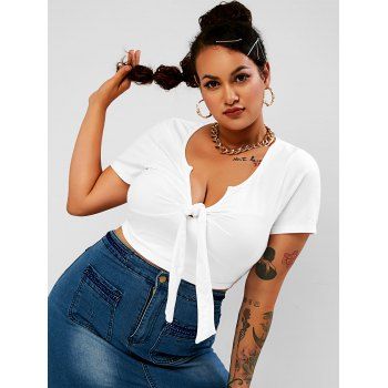 

Plus Size V-notch Knotted Crop Top, White