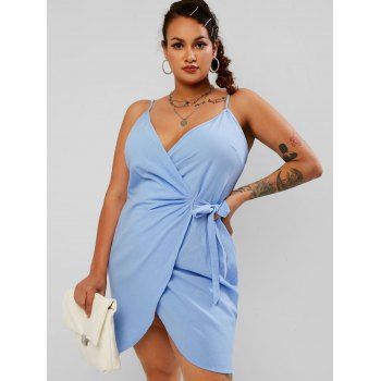 

Plus Size Sleeveless Mini Wrap Dress, Light blue