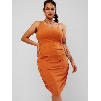 

Plus Size Ruched Skew Neck Ribbed Tight Dress, Orange