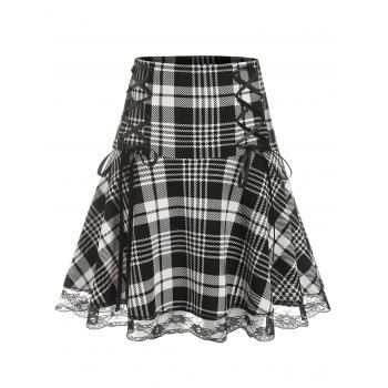 

Plus Size Lace Up Plaid Lace Trim Skirt, Black
